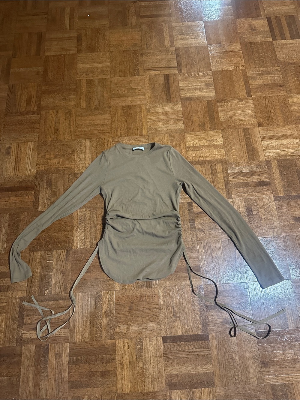 Zara Taupe Long Sleeve Ruched Tie-Side Top 100% cotton